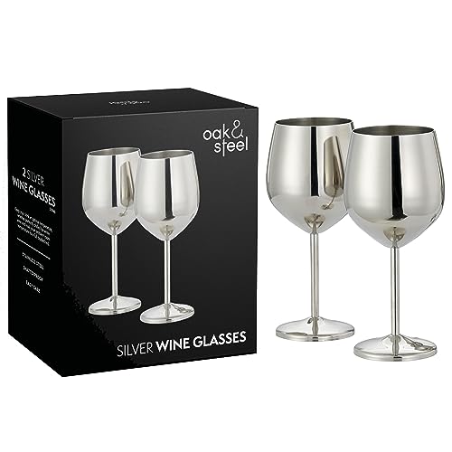 Oak & Steel - 2 Copas de Vino de Acero Inoxidable Plateado, 520 ml - Copas de Vino para Ocasiones...