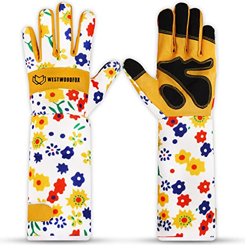 WESTWOOD FOX Guantes de jardinería de cuero, mangas largas de protección para antebrazos, guantes...